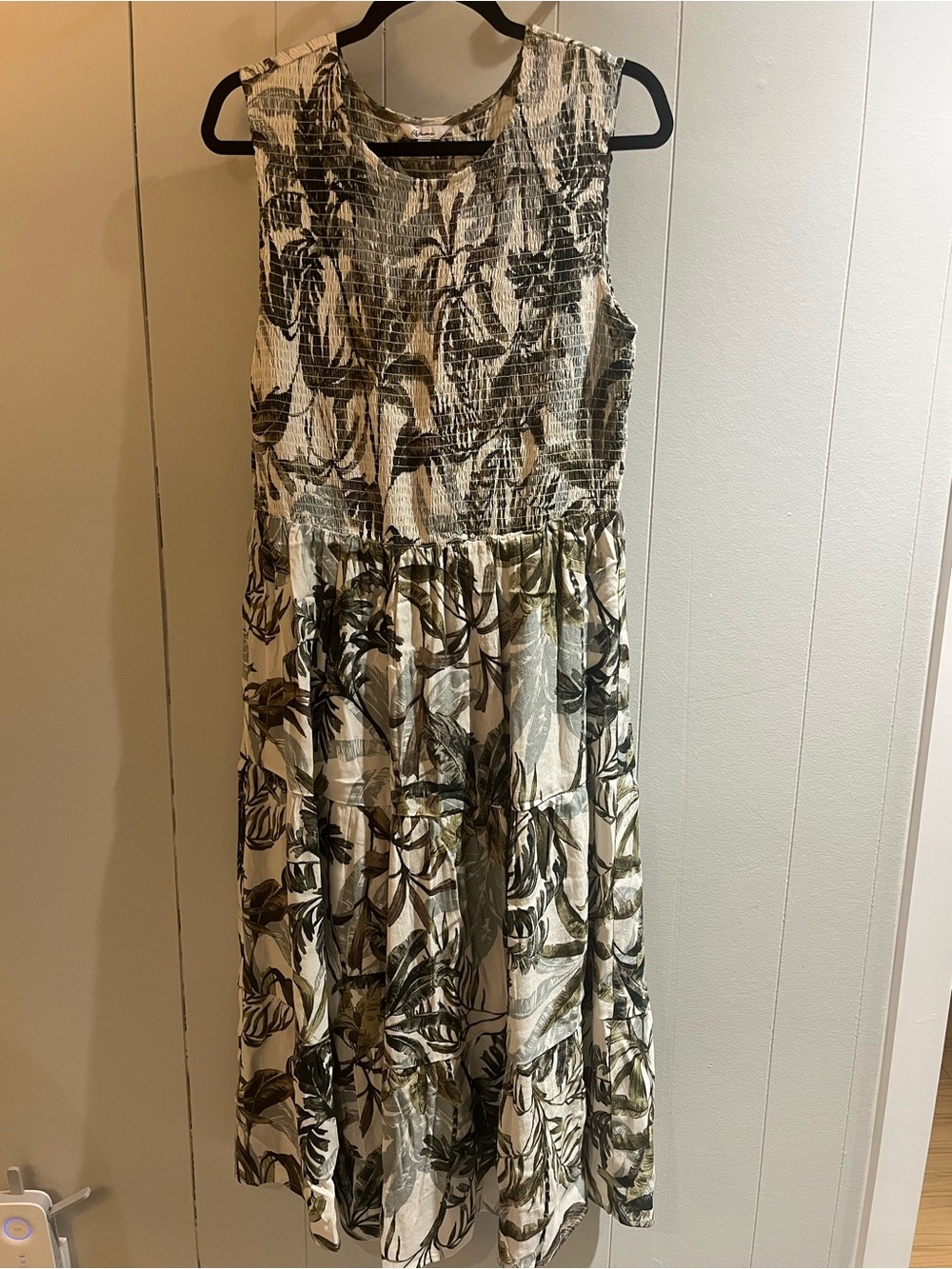 Reitmans Black, Cream & Olive Botanical Smocked Midi Dress